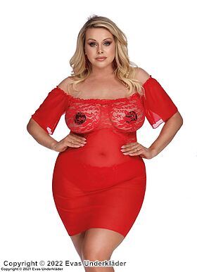 Sexy nattkjole, tyll, gjennomsiktig blonder, off-shoulder, utsvingte ermer, plus size